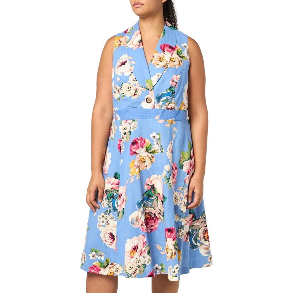 Eliza J Floral Fit & Flare Dress Blue Sleeveless Pocket Midi 16W Cottagecore